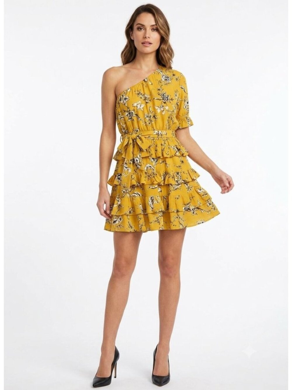 Skylar + Madison Mustard Yellow Floral One Shoulder Ruffled Mini Dress - Size La
